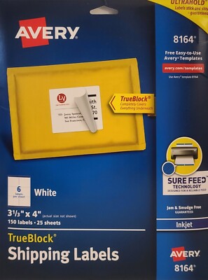 Avery TrueBlock 3 1/3'' x 4'' Permanent Inkjet Shipping Label - White, Pack of 150
