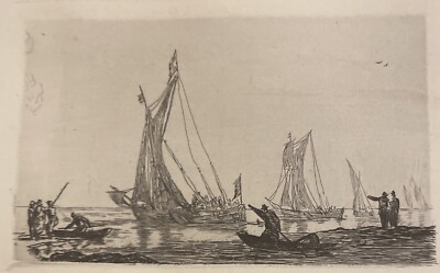 1876 Antique Etching ''Boats Near Shore'' R. Zeeman Printed by Philip Hamerton