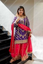 Indian Designer Purple Chinon Silk Kurta Palazzo With Dupatta For Reception
