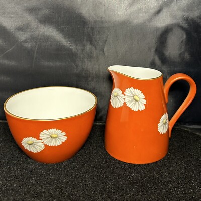 Noritake Nippon Toki Kaisha Japan Kanne & Zuckerdose orange, weiße Gänseblümchen Blumen