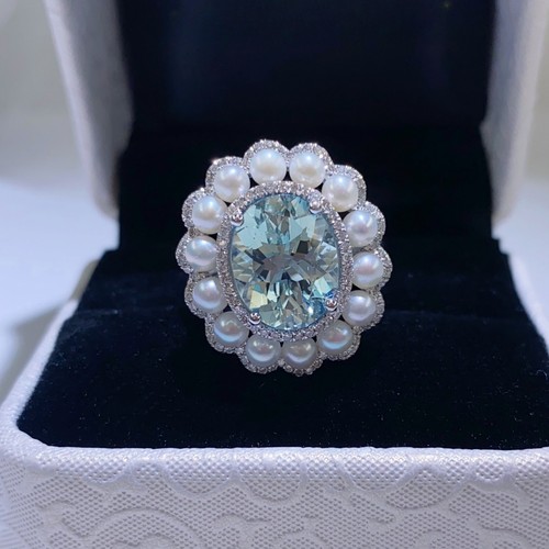Vintage Estate Natural Pearl Oval Aquamarine Diamond Women Ring 14K White Gold - Picture 4 of 11