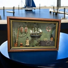 Vintage Nautical Shadow Box Picture Wall Hanging- Maritime Diorama Mini Ship 