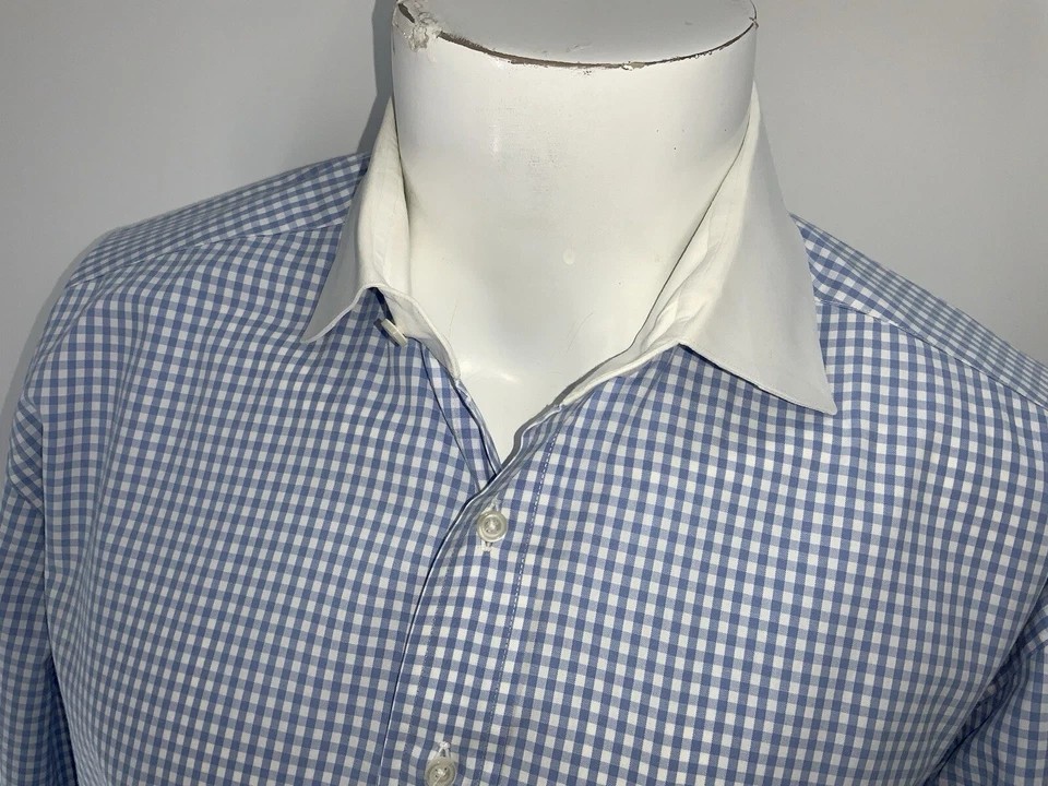 Savile Row French Cuff Dress Shirt 15.5 33 Blue Check Cotton USA YGI X4-92 - Image 4 of 4