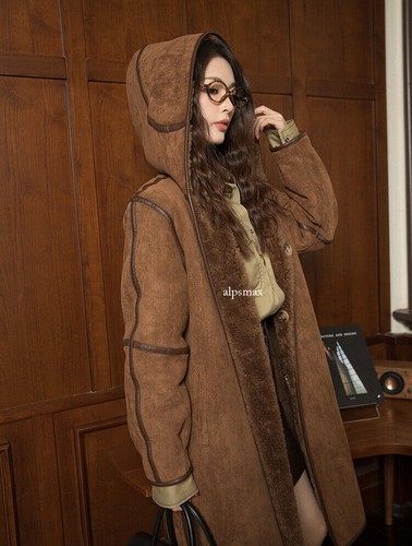 Womens Hood 100% Wool Long Coat Real Lamb Wool Shearling Fur Reversible Overcoat - Picture 7 of 25