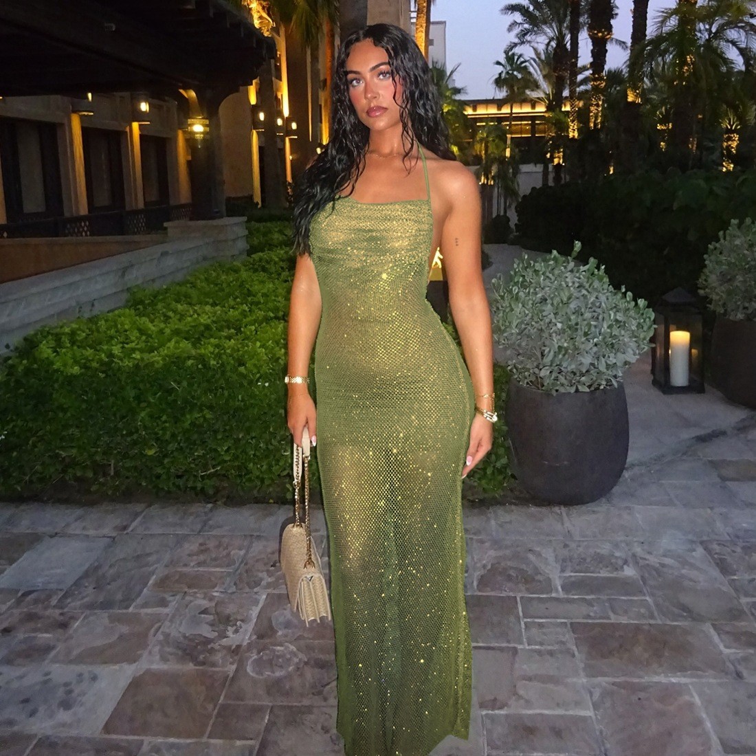 backless mesh dress Women's Sheer A-Line Overlay Party Evening badge:online-exclusive Dalton Backless Crochet Maxi Size:Size 16 Knee to mid