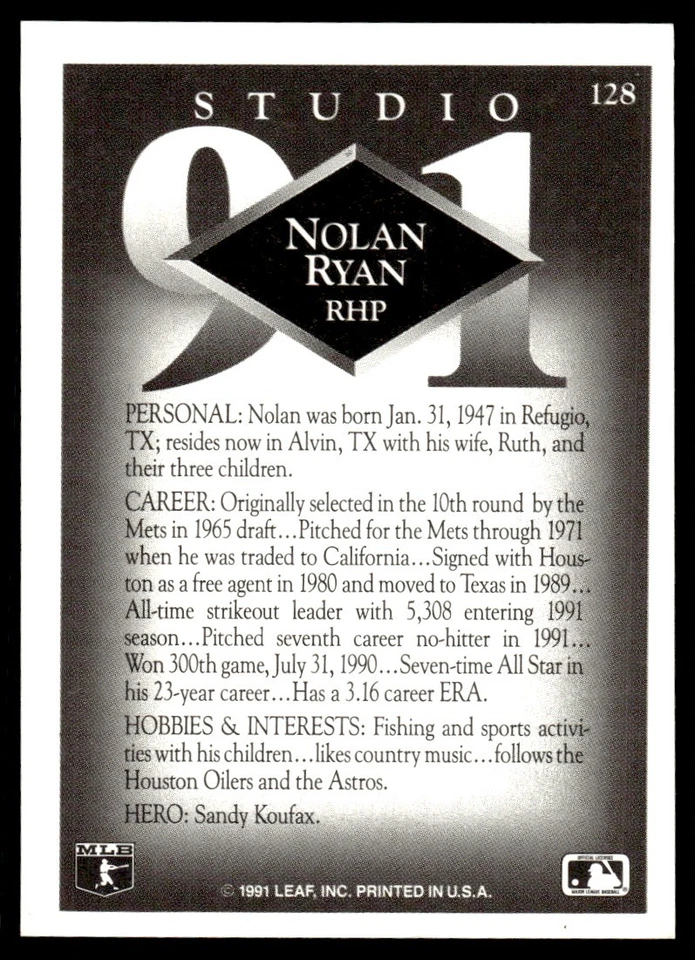1991 Studio Nolan Ryan Texas Rangers #128 - Image 2 of 2
