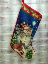 Vintage Needlepoint 17" Christmas Stocking Snowman Winter Scene Finished