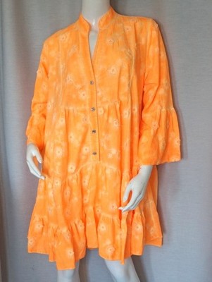 Hippie Tunika Kleid 3D Blüten Stickerei Mini Hängerchen Neon 36,38,40,42 Neu