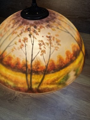 VTG Reverse Painted Glass Hanging/Table Lamp Shade Fall Scenic