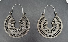 Bohemian Silver Tone Round Earrings Women's Intricate Metal 2" Egyptian Aztec
