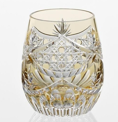 Edo Kiriko Junichi Nabetani ''Yunagi'' Golden brown Old-Fashioned Glass Japan NEW