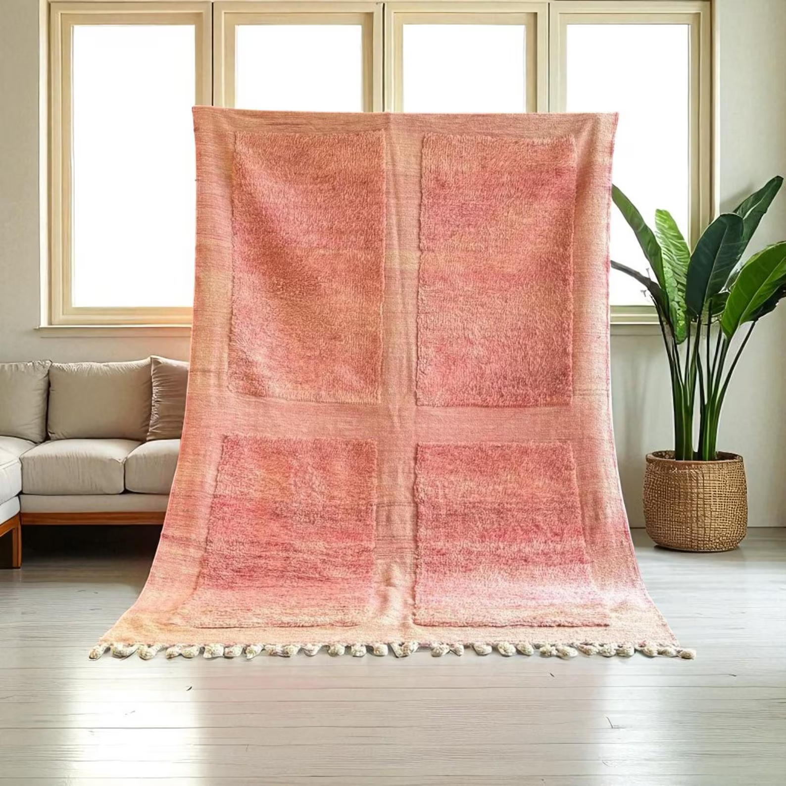 Handmade Moroccan Berber Wool Rug Color Pink Luxury Design Carpet Rug