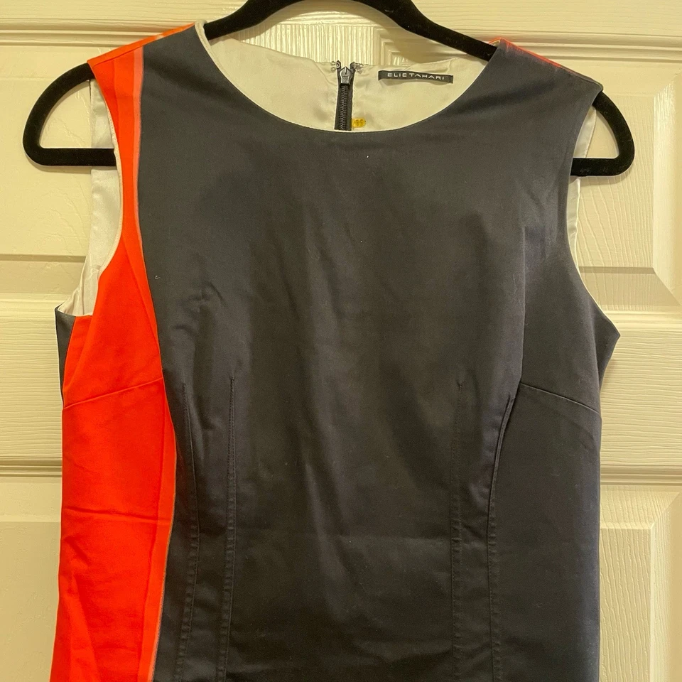 Vestido Vaina ELIE TAHARI Negro/Rojo/Blanco Bloques de Color Sin Mangas Talla 4 Foto 3 de 4