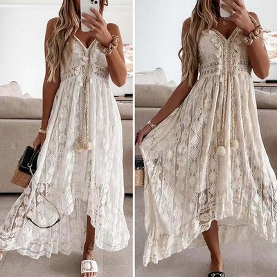 Modische Damen-Spitzenkleider Ärmellos mit V-Ausschnitt, Fließendes Rüschenkleid