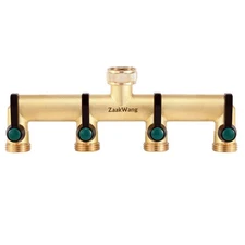 4-Way Brass Garden Hose Splitter Heavy Duty Spigot Tap with On/Off Valves