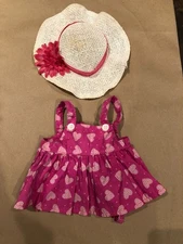 Build a Bear Pinafore Pink Glitter Hearts Pinafore Apron Dress W/Hat