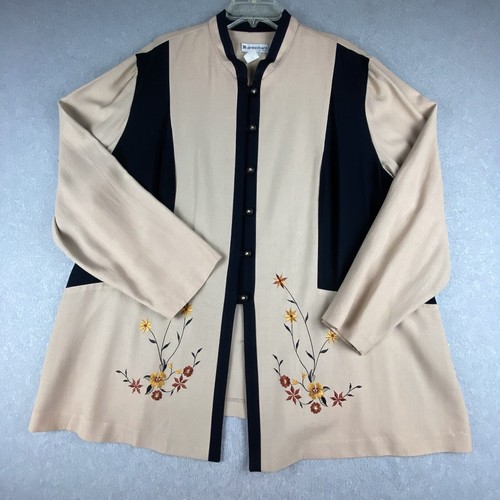 Vintage Dressbarn Jacket Womens 24W Beige Black Button Front Embroidered Flowers