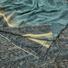 Indian Vintage Beige Gray Saree Pure Crepe Silk Printed Sari 5yd Sewing Soft