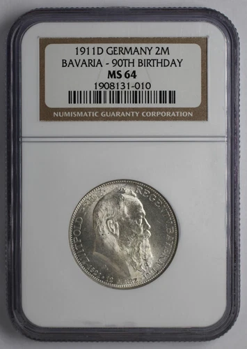 1911 D Germany Silver 2 Mark Bavaria 90th Birthday NGC MS 64