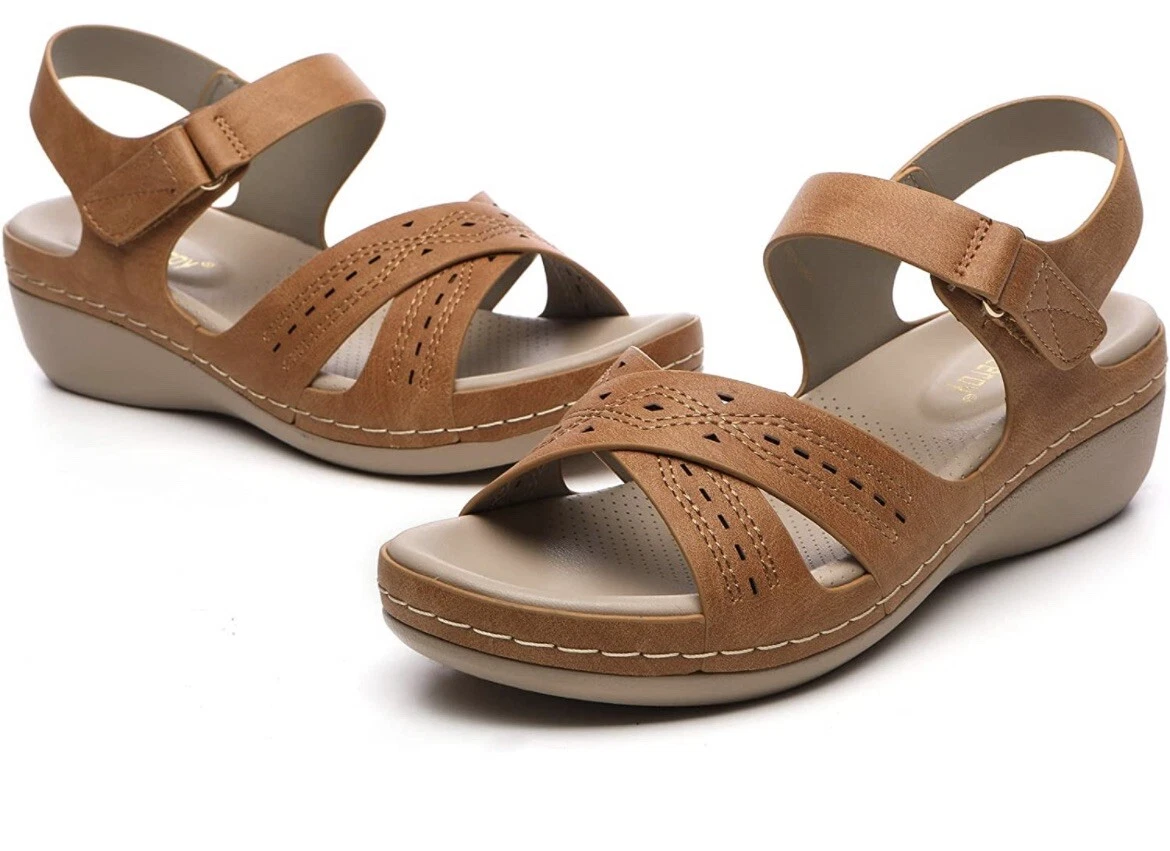UK 7 Brown Women s Comfort Sole Sandals Summer Ankle Strap Open