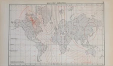 1889 MAP WORLD MAGNETIC VARIATION EQUATOR TOPIC OF CANCER AMERICAS ASIA EUROPE