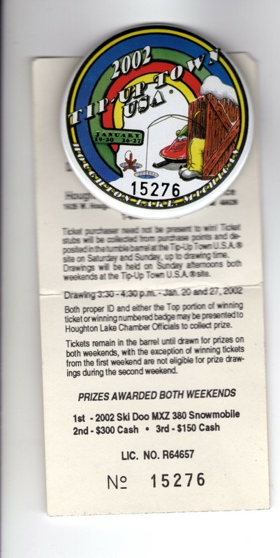 2002 TIP UP TOWN BADGE PIN PINBACK- MICHIGAN DNR DEER BEAR FISHING PATCH LICENSE