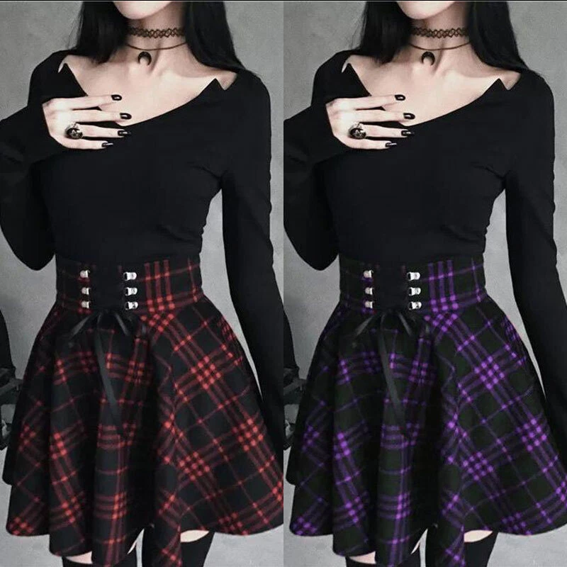 Women High Waist Plaid Skirt Flared Pleated Short Skirts School Girl Mini Dress