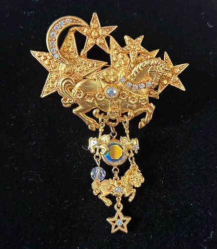 NWOT KIRKS FOLLY Stars Moon Fantasy Carousel Horse Gold Crystals w Charms Brooch - Picture 2 of 9