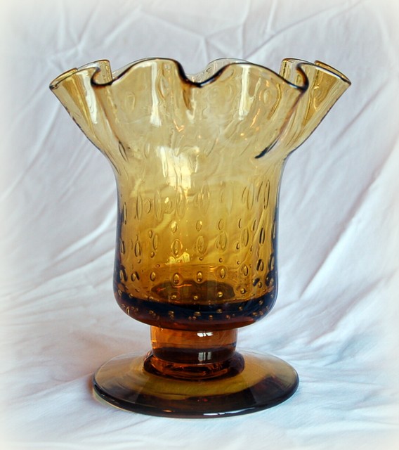 HandBlown Amber Glass Pedestal VASE / Controlled Bubbles / Ruffled / w