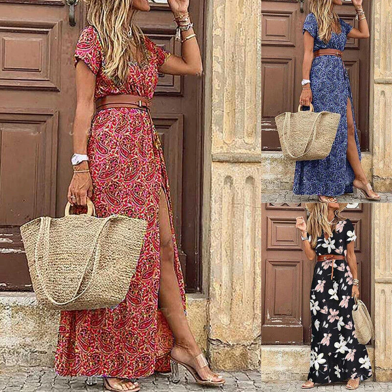 New Womens Maxi Dress Summer Beach Short-Sleeve Plus Size Holiday | eBay