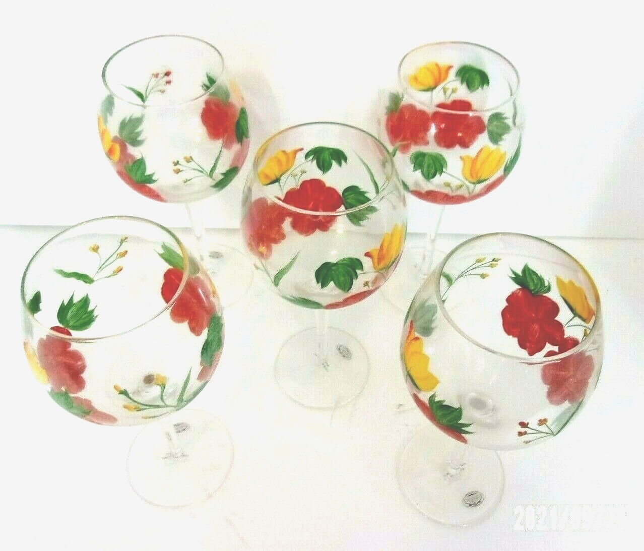 Home Essentials Floral Print Yellow Green Red Stem Wine Glass Set Of 5 Glassware