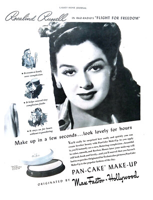 Rosalind Russell Cosmetics 1943 Print Ad Max Factor Pan-Cake Make-Up 11x14