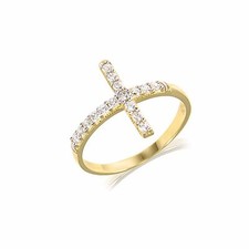 10K Solid Yellow Gold Cubic Zirconia Sideways Cross Ring - Polish Band Women Men