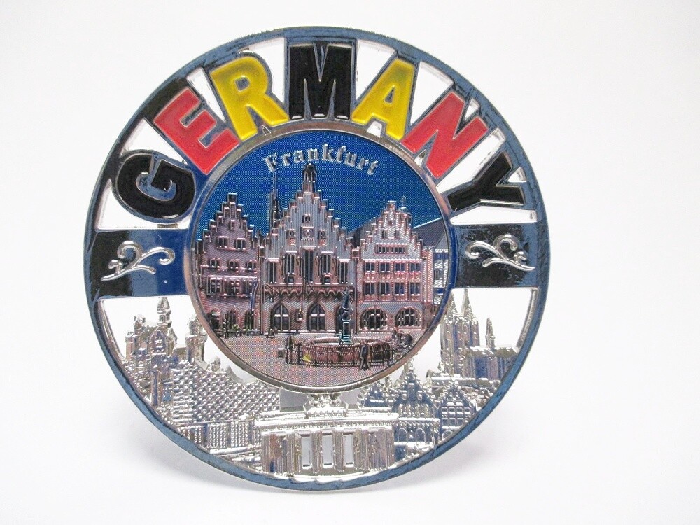 Frankfurt Römer metal laser magnet souvenir Germany with GERM wreath
