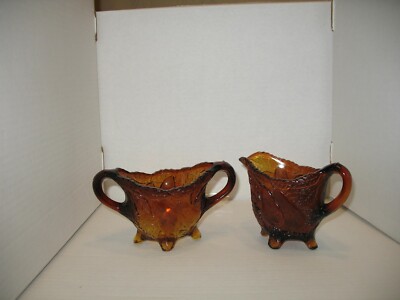 Tiara Indiana Glass Burnt Honey Sweet Pear Avocado Creamer Pitcher & Sugar Bowl