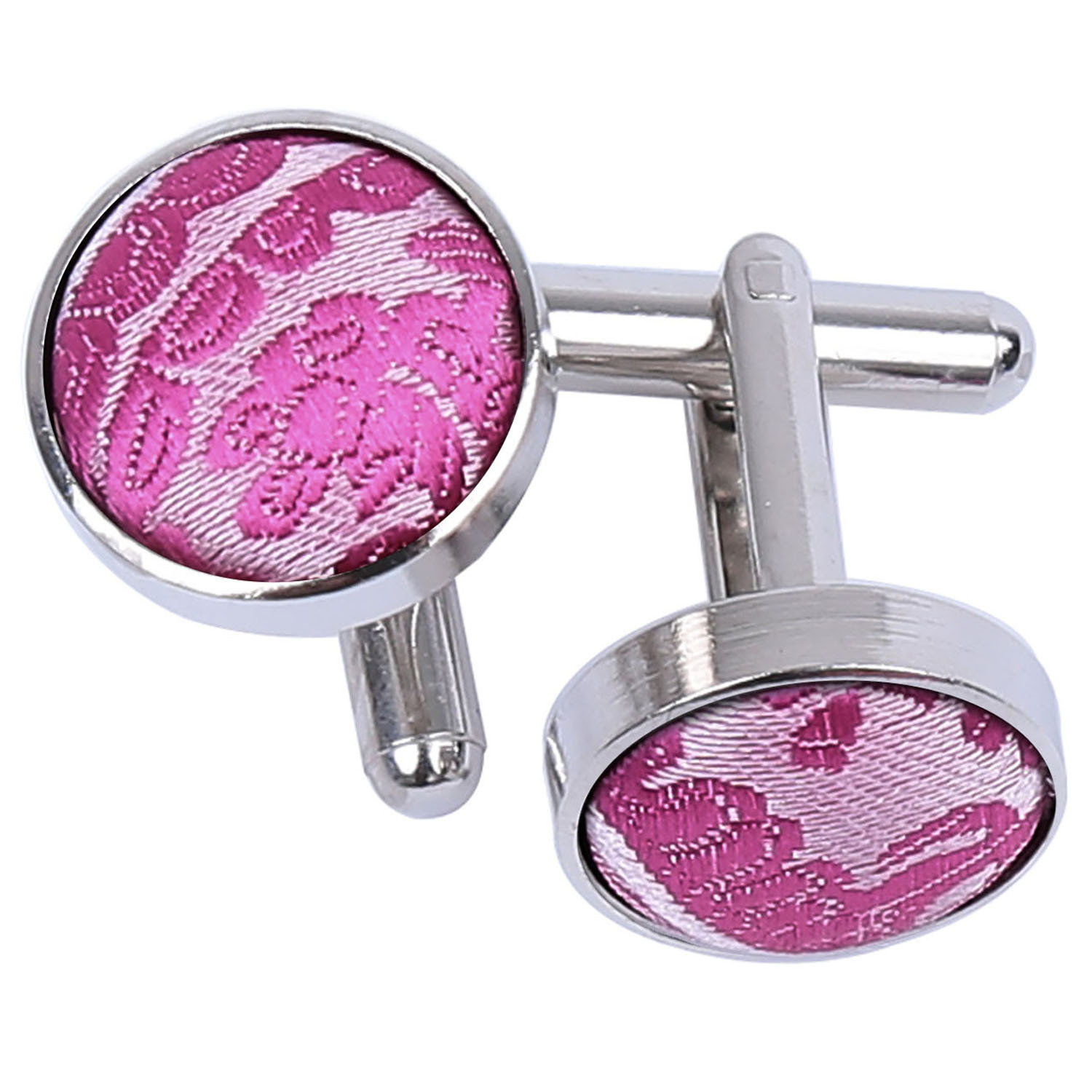 Fuchsia Pink Mens Cufflinks Floral Paisley Brass Fabric Inlay Cuff Links by DQT
