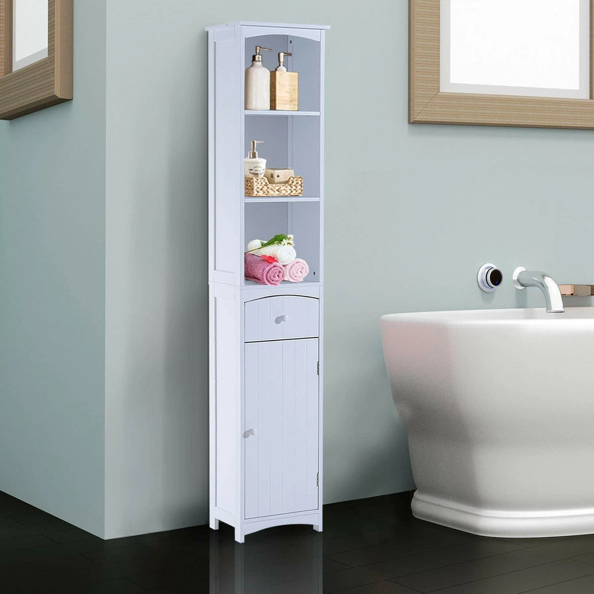 White Finish Linen Tower Bathroom Towel Storage Cabinet Tall Wooden  Organizer