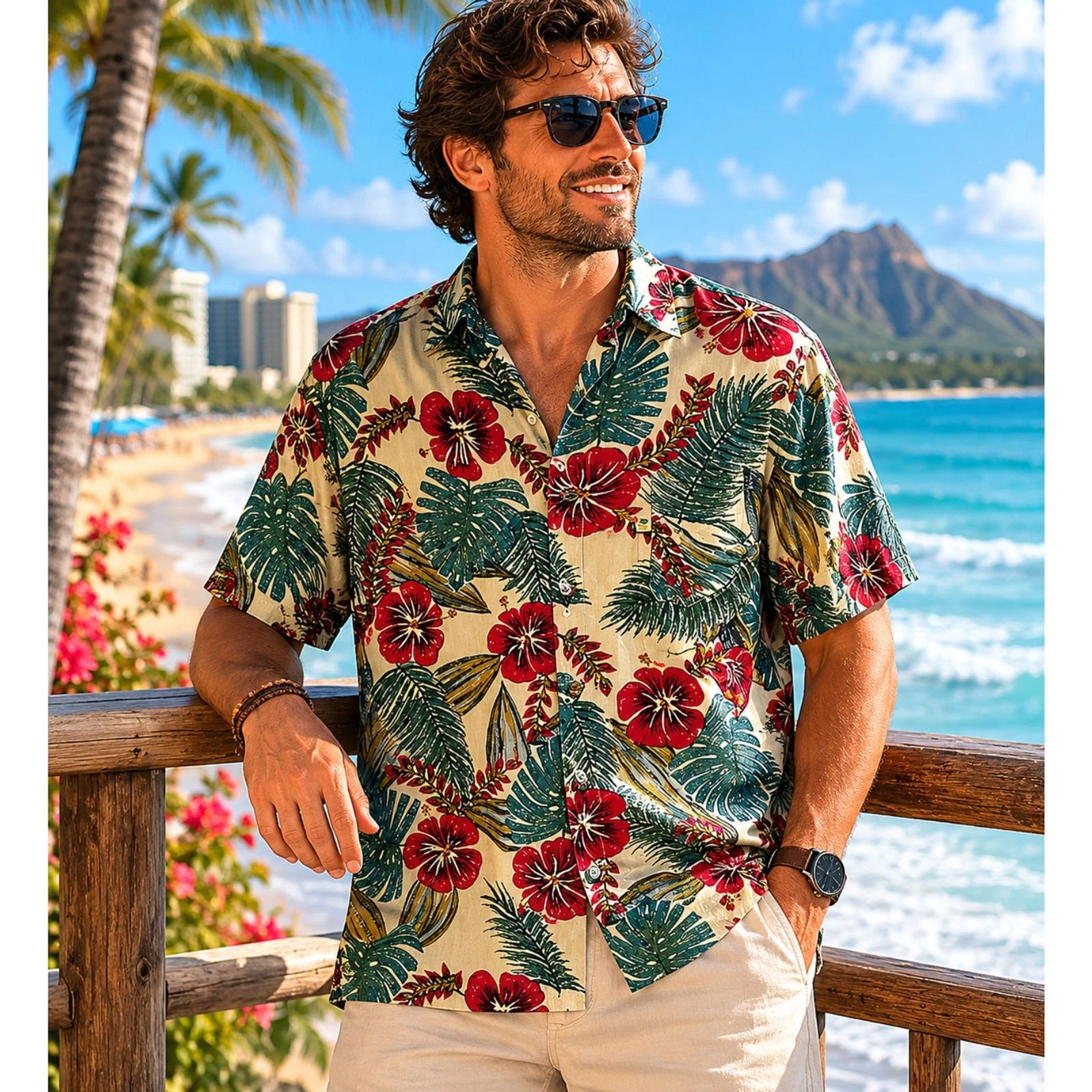 Vintage Pineapple Moon Hawaiian Aloha Shirt Mens Large Tropical Floral