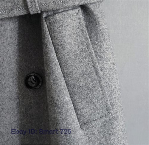 Mens long real 100% wool jacket British style trench Lapel belt on coat overcoat - Picture 5 of 14