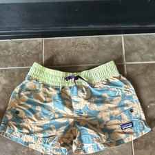 Patagonia Baggies Kids Board Shorts M Blue/Beige Floral Elastic Waist Pockets