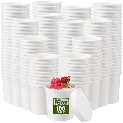 Fulmoon 100 Pack Paper Soup Containers with Lids Disposable 16 oz, White 