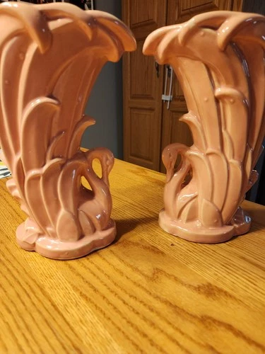 2 - VTG McCoy Art Pottery Swan In Reeds Pink Peach Vase Planter Pot Art Deco MCM