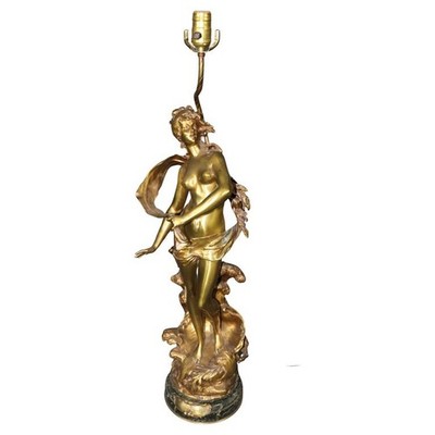 ''Naissance de la Perle'' solid Brass Figural Maiden Table Lamp After Moreau