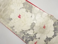 7469179: JAPANESE KIMONO / ANTIQUE FUKURO OBI / SILK / WOVEN PEONY