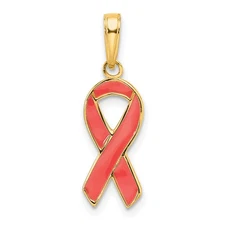 14k Yellow Gold Pink Enameled Awareness Ribbon Pendant Perfect Gift for Her