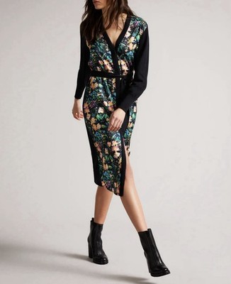 Ted Baker Tilja Black Botanical Floral Longline Belted Cardigan dress Size UK 12