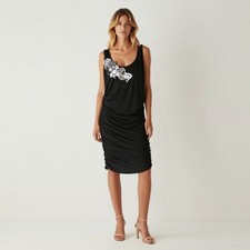 Evening Glam Knee Length Dress Black Jersey Shift Sleeveless Sequins Party US 12