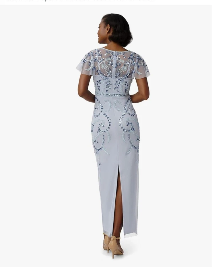 Papell Beaded Flutter Gown Women's Size 14 Color Glacier Nwt. - Image 2 of 4