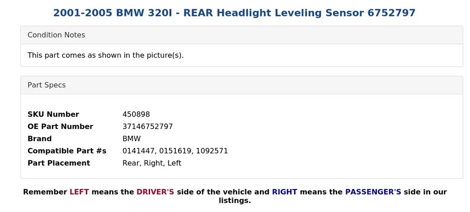 BMW 320I 2001-2005 - Sensor de nivelación de faros traseros 6752797 Foto 4 de 4