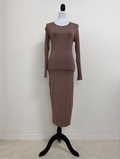 Bodycon Dress Long Sleeve Stretch Midi Brown Size M/L